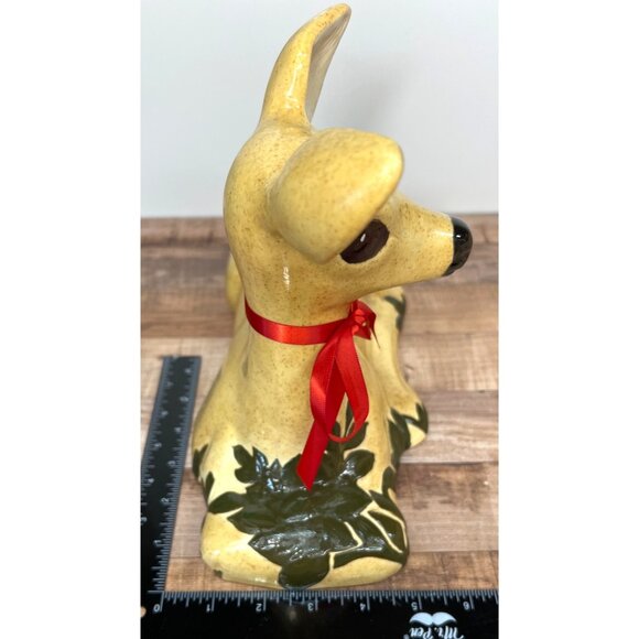 Vintage Ceramic Fawn Figurine With Red Ribbon & Leaf Design  12.5" Length Large - Picture 5 of 6